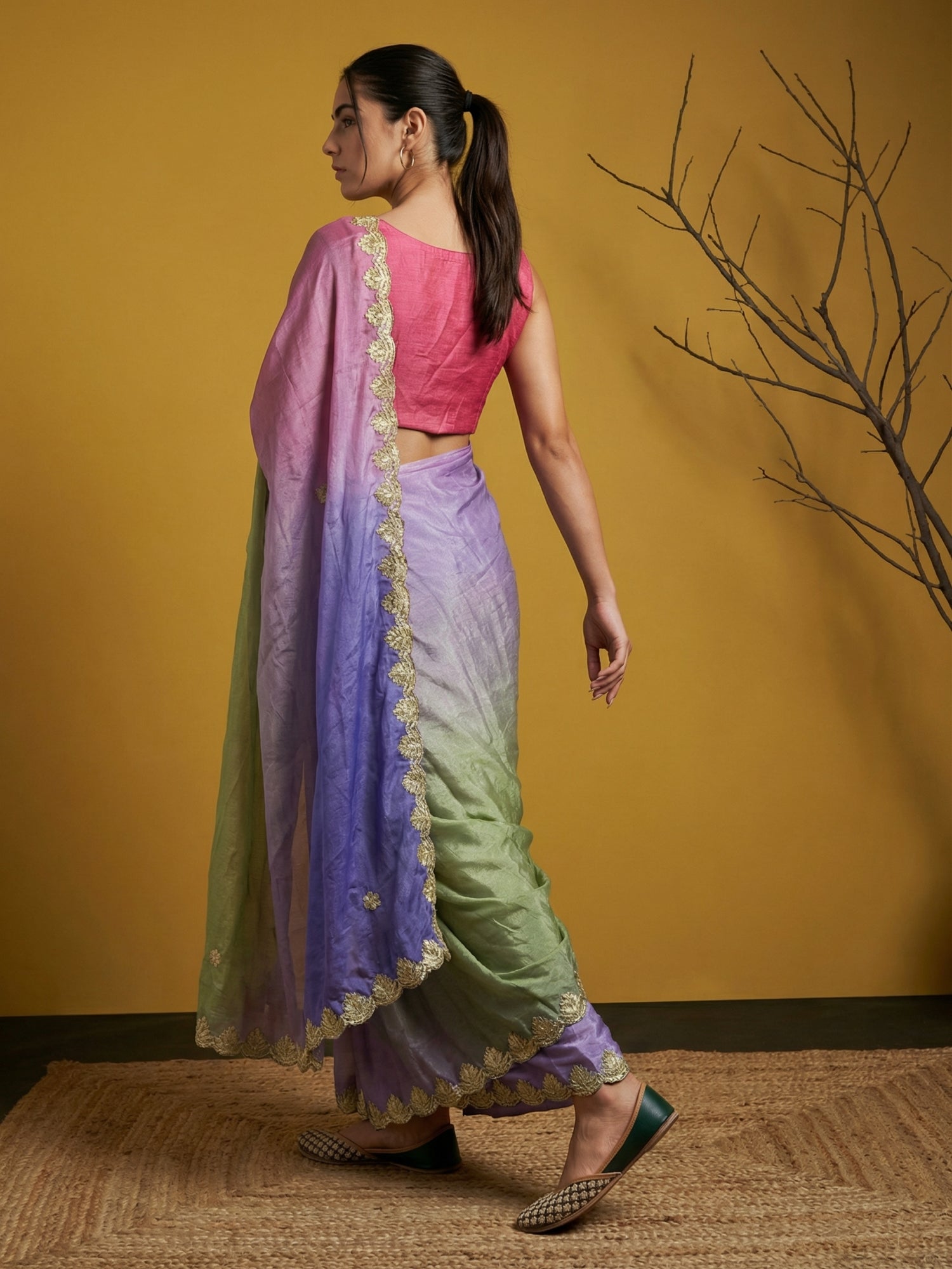 Pista &amp; Blue Soft Fendy Satin with Gotapatti Work Padding Saree