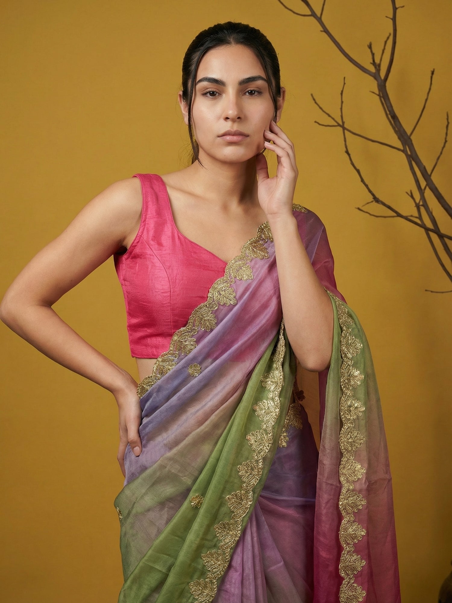 Pista &amp; Blue Soft Fendy Satin with Gotapatti Work Padding Saree