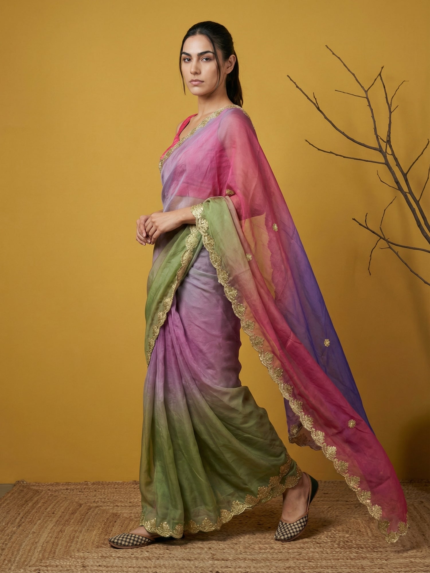 Pista &amp; Blue Soft Fendy Satin with Gotapatti Work Padding Saree