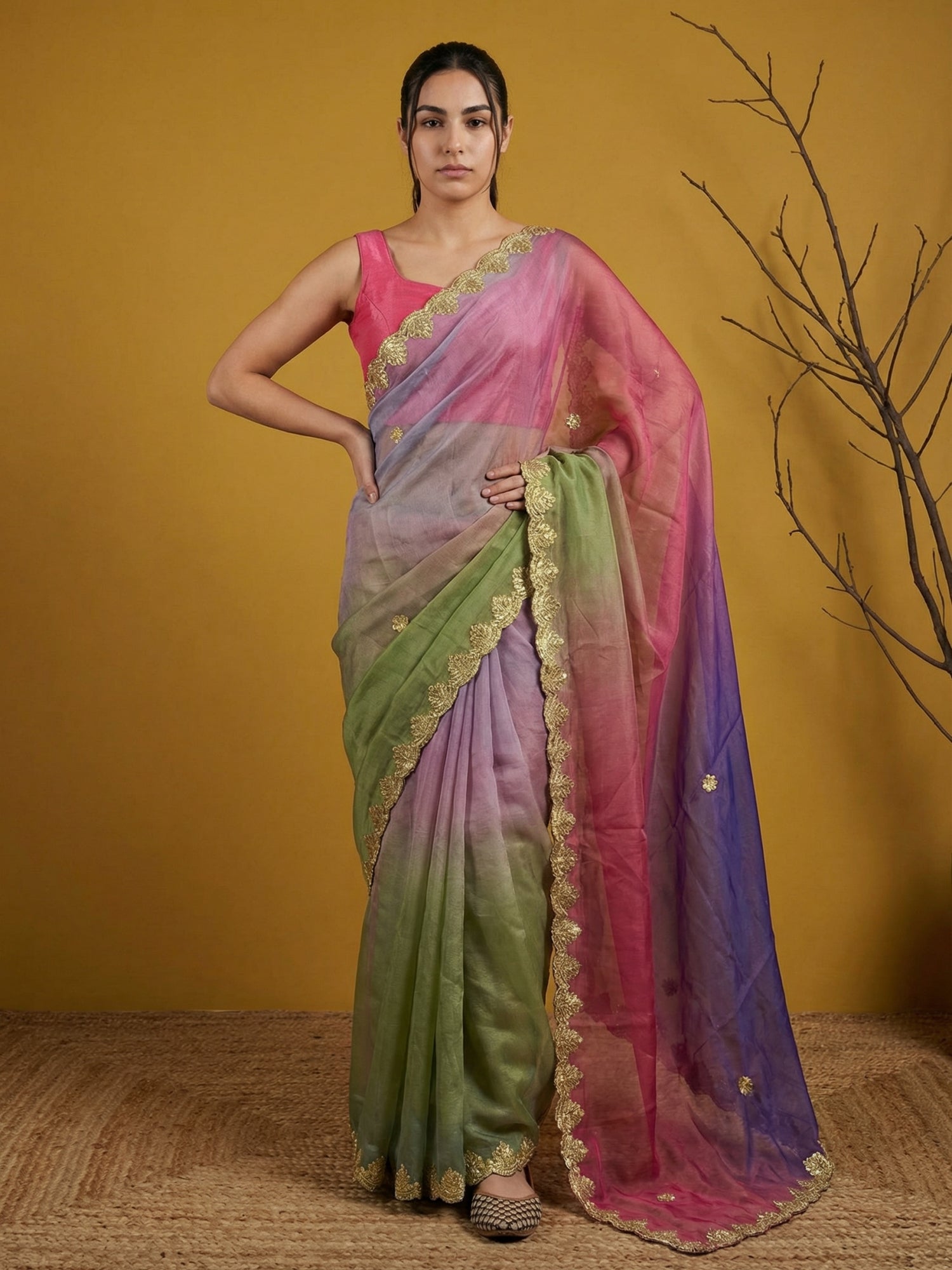 Pista &amp; Blue Soft Fendy Satin with Gotapatti Work Padding Saree
