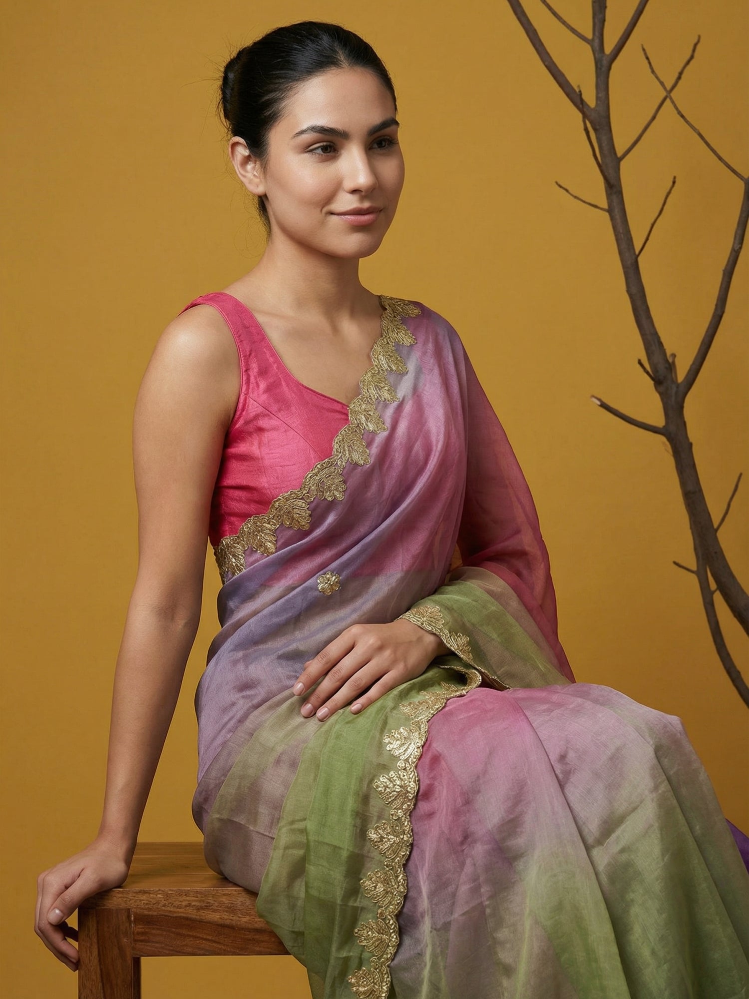Pista &amp; Blue Soft Fendy Satin with Gotapatti Work Padding Saree