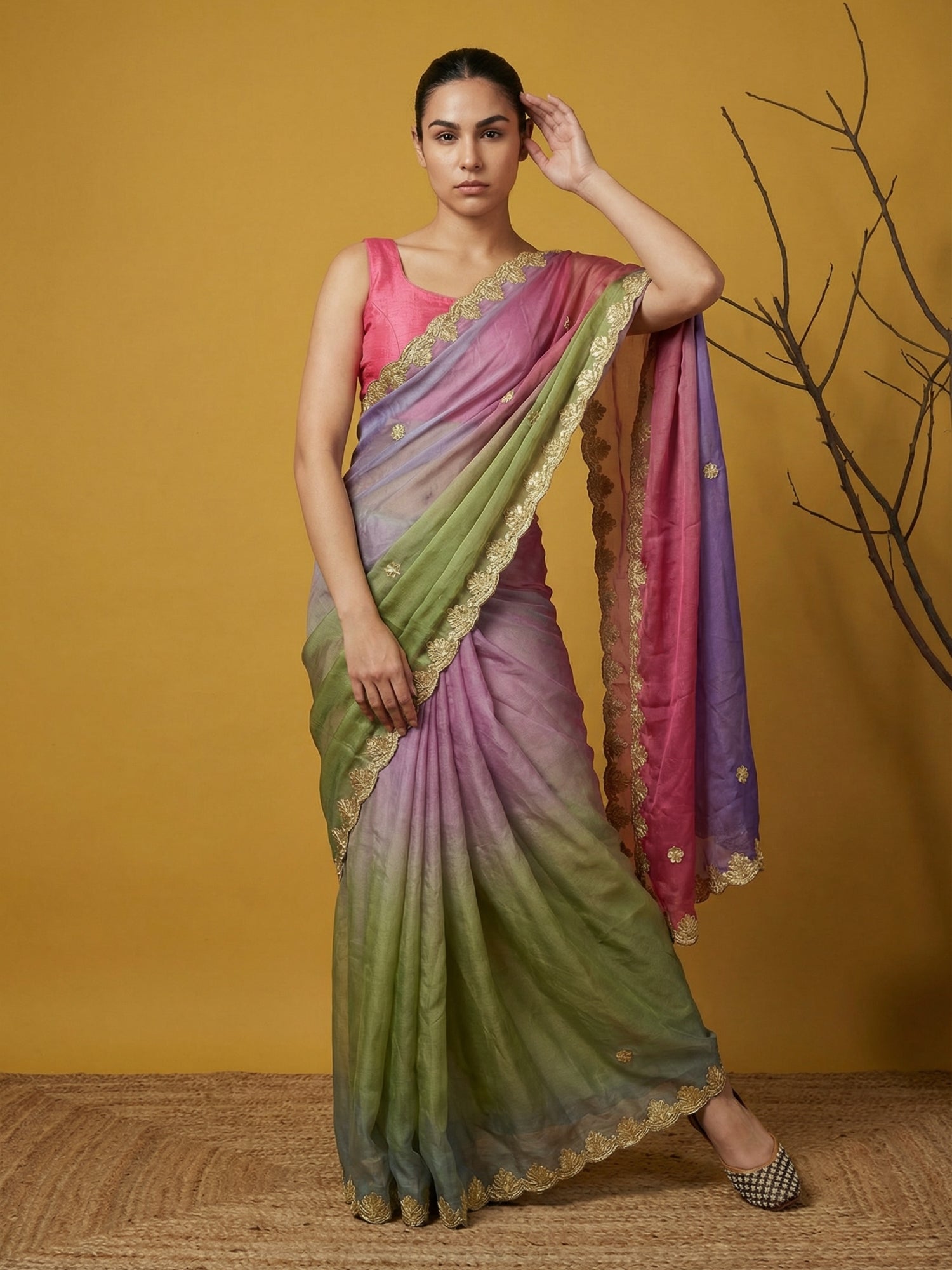 Pista &amp; Blue Soft Fendy Satin with Gotapatti Work Padding Saree