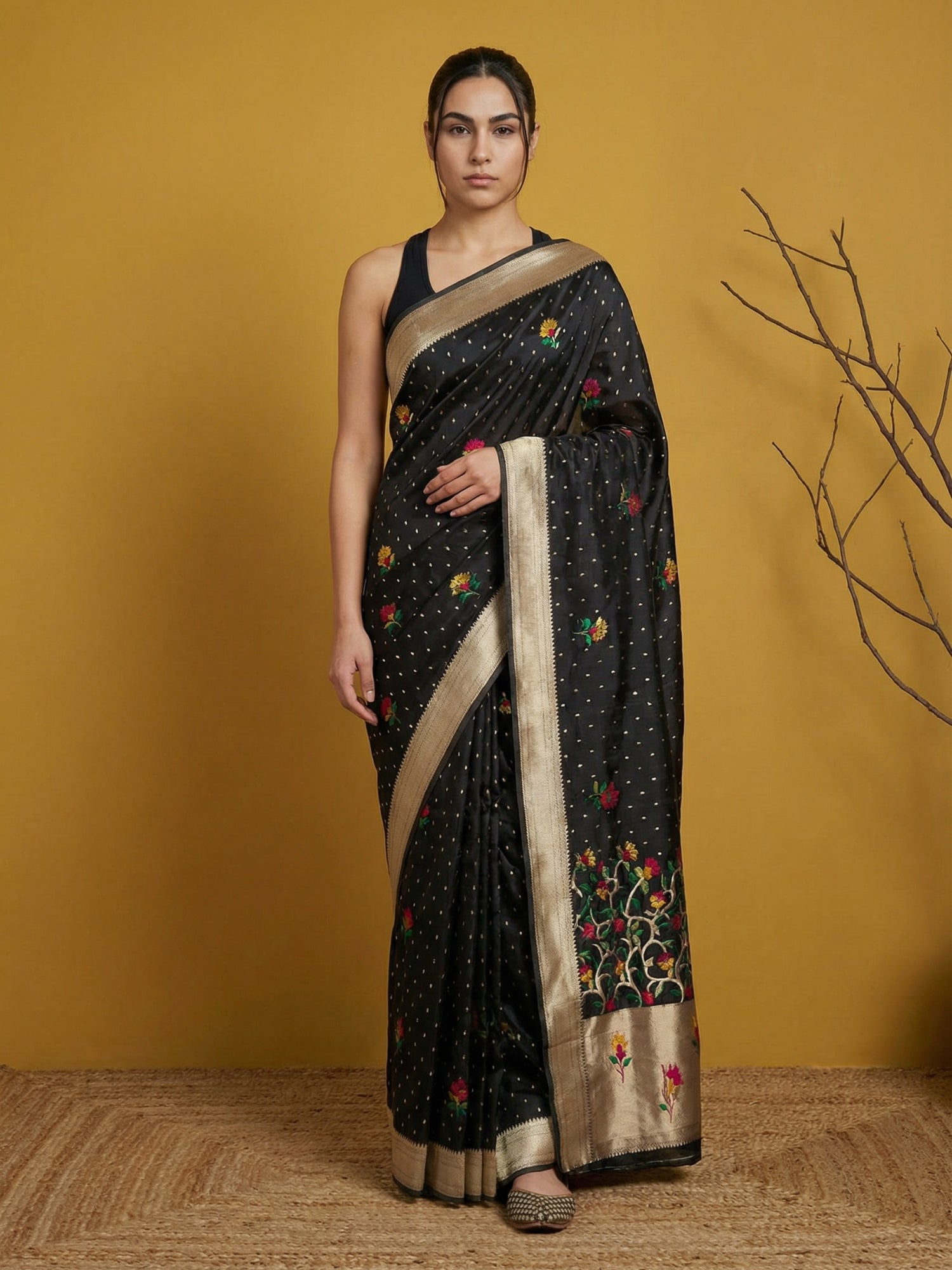 Black Organza Silk Jamdani Pattern Zari Woven Saree