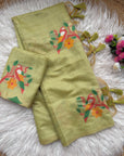 Pista Green Traditional Soft Chanderi Cotton American Parrot Pattern Saree