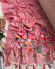 Pink Traditional Soft Chanderi Cotton American Parrot Pattern Saree