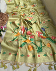 Pista Green Traditional Soft Chanderi Cotton American Parrot Pattern Saree