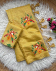 Yellow Traditional Soft Chanderi Cotton American Parrot Pattern Saree
