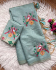 Sky Blue Traditional Soft Chanderi Cotton American Parrot Pattern Saree