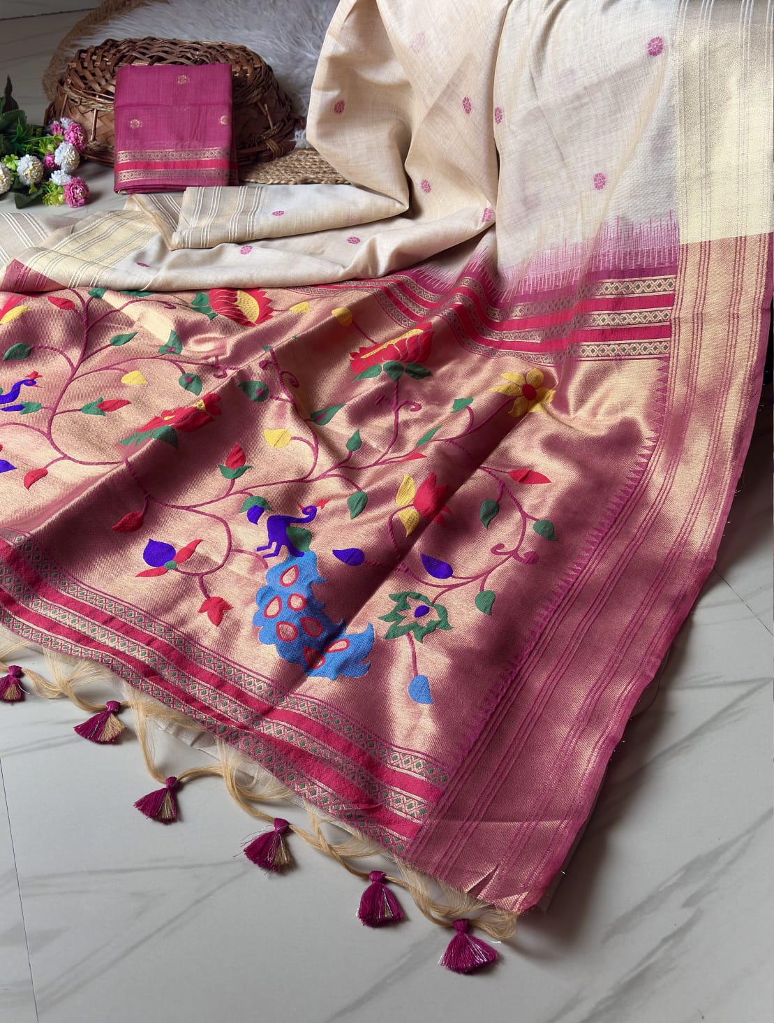 White Premium Soft Tussar Silk Paithani Zari Woven Saree
