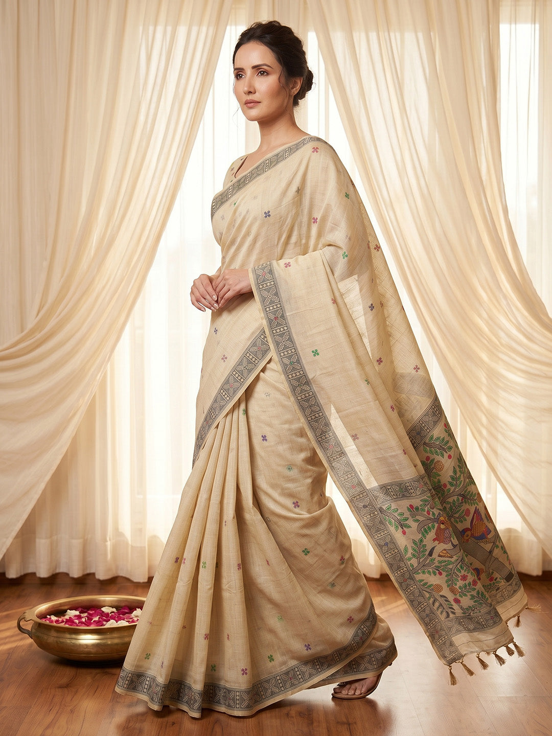 Woman wearing a beige saree with floral patterns in front of white curtains.