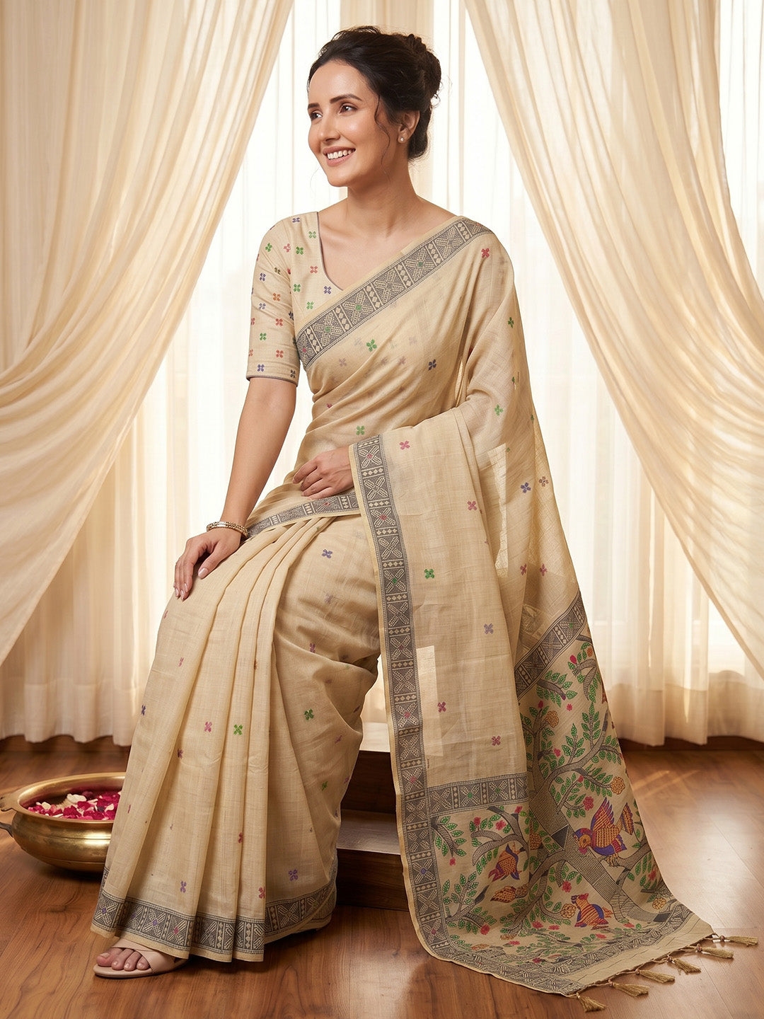 Woman wearing a traditional beige saree with floral patterns in a bright room.