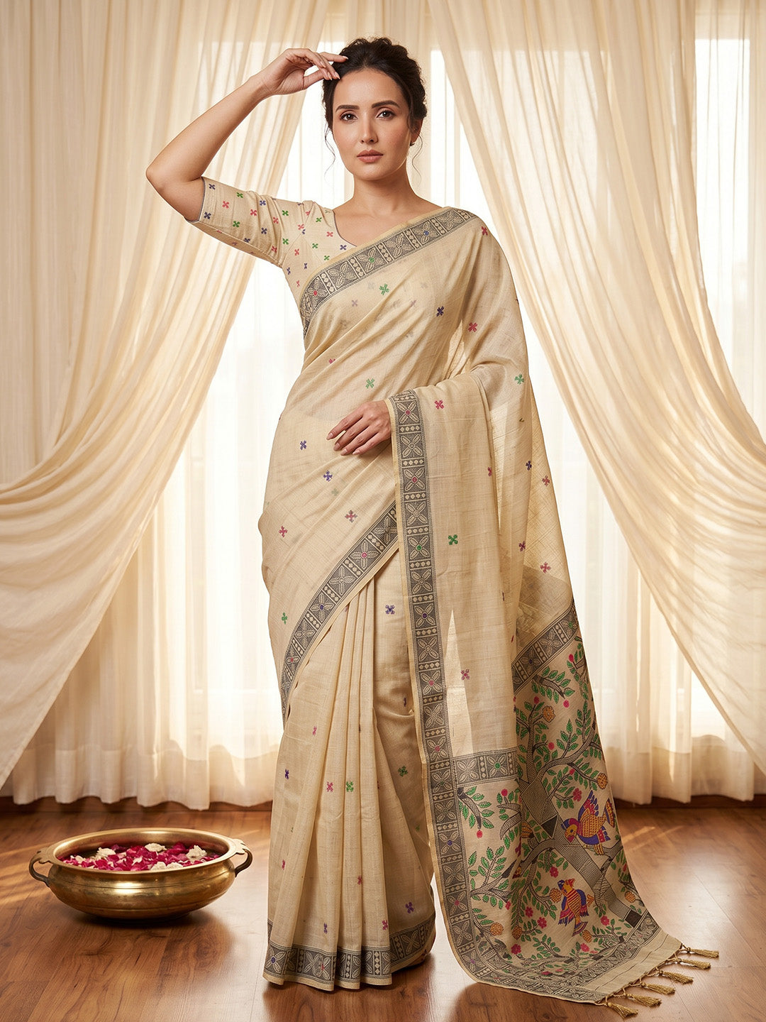 Woman wearing a beige saree with floral patterns in a room with white curtains.