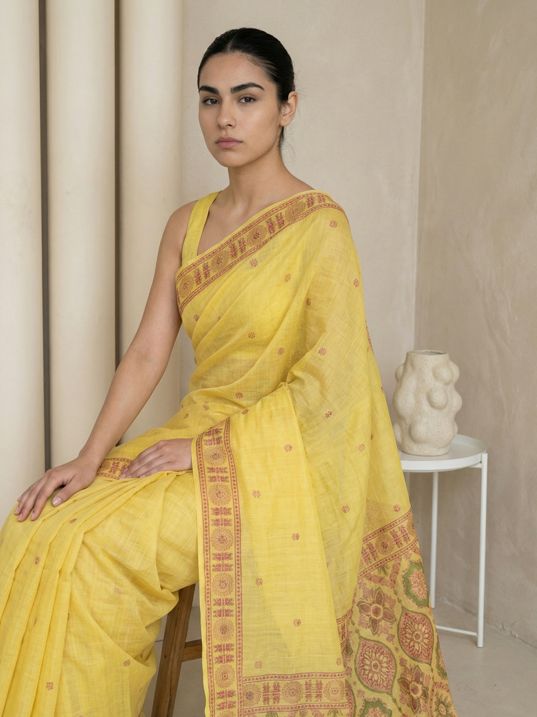 Yellow Soft Muga Cotton with Handblock Kalamakri Pattern Saree