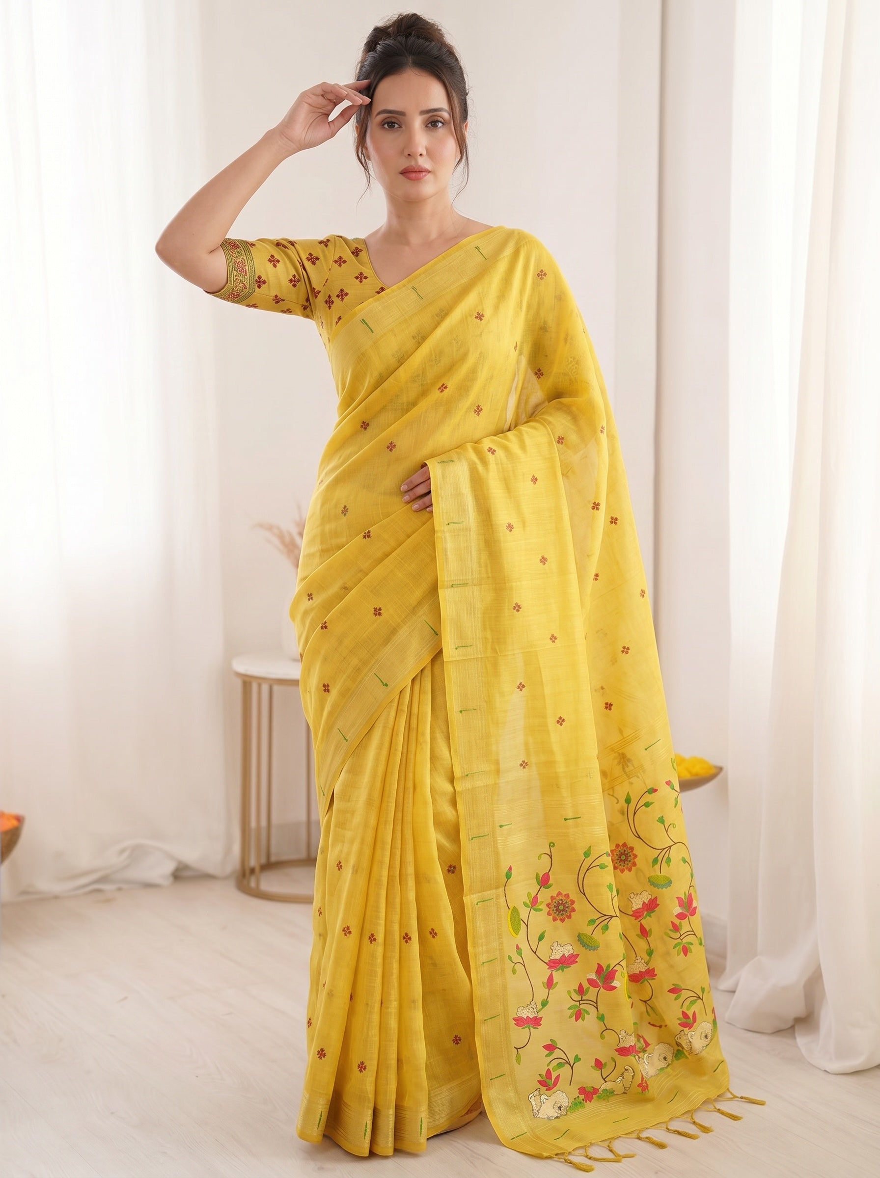 Yellow Soft Linen Cotton Paithani Saree with Meenakari Pichwai Lotus Pallu