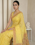 Yellow Soft Muga Cotton with Handblock Kalamakri Pattern Saree