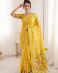 Yellow Soft Linen Cotton Paithani Saree with Meenakari Pichwai Lotus Pallu