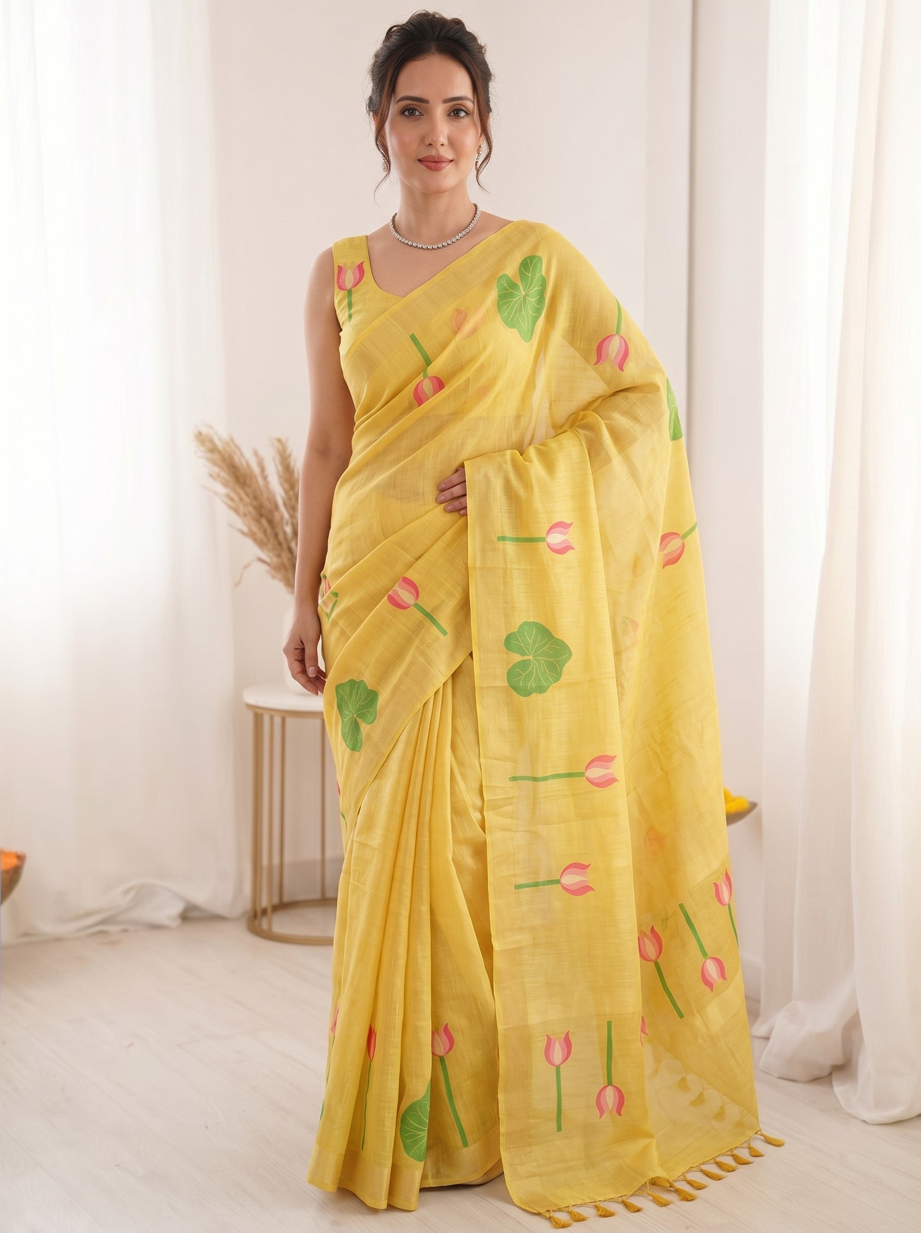 Yellow Premium Soft Linen Cotton with Lotus &amp; Leafs Pattern Saree