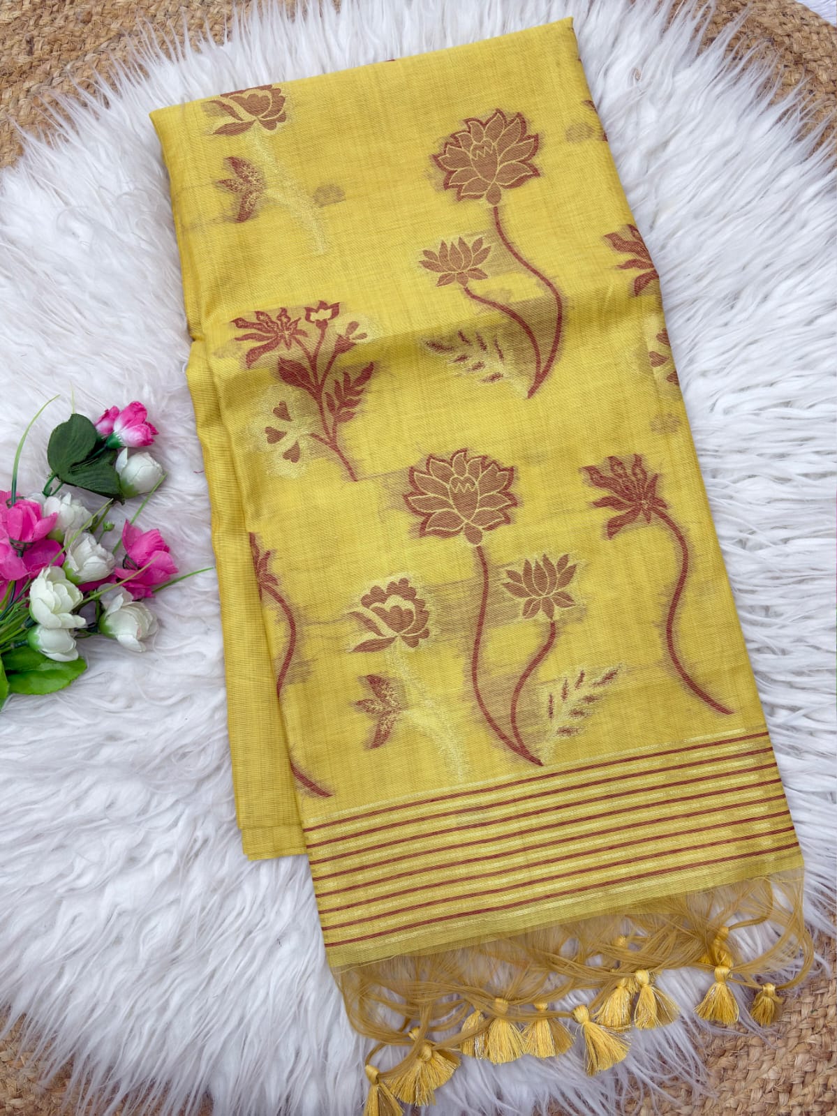 Yellow Soft Muga Cotton Saree with Floral Pattern Saree