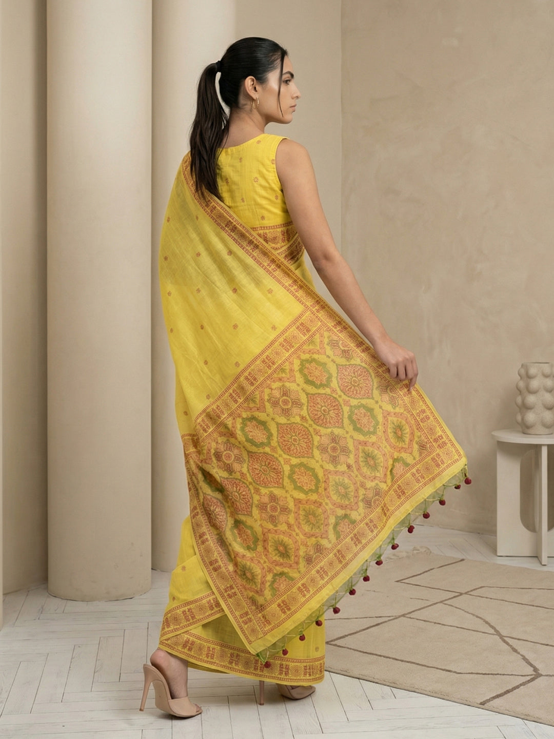 Yellow Soft Muga Cotton with Handblock Kalamakri Pattern Saree