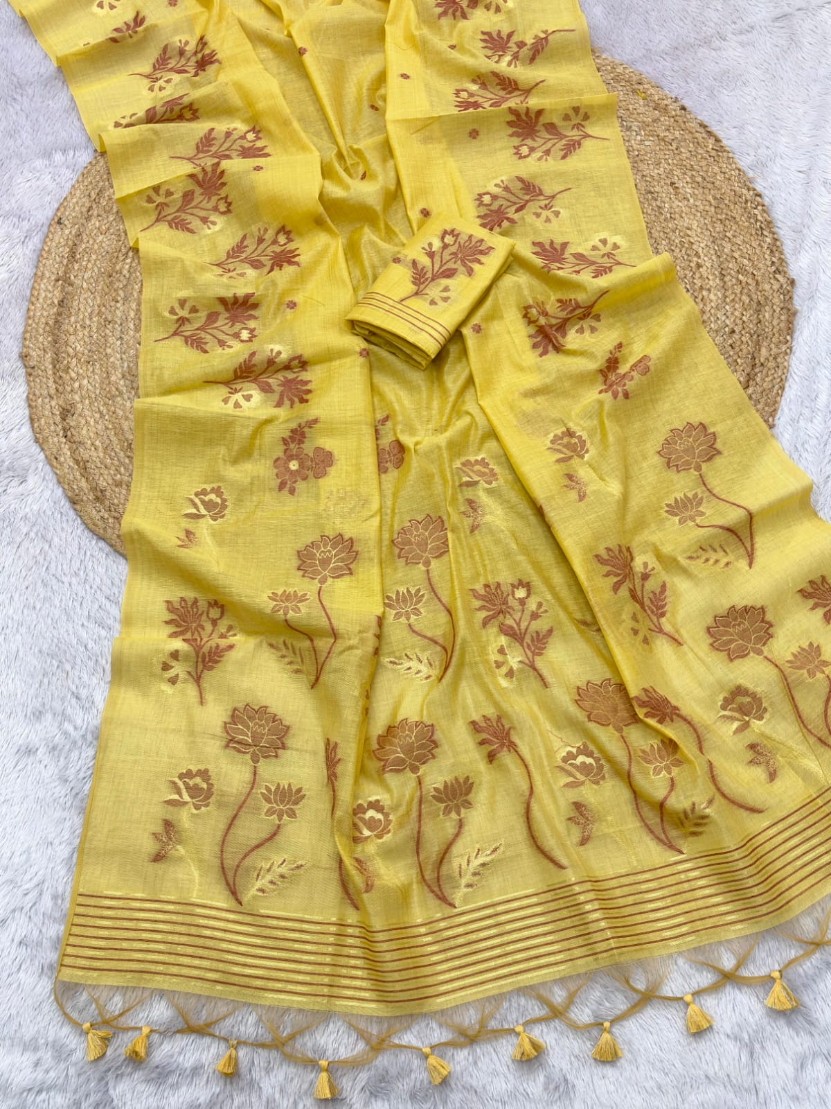 Yellow Soft Muga Cotton Saree with Floral Pattern Saree