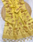Yellow Soft Muga Cotton Saree with Floral Pattern Saree