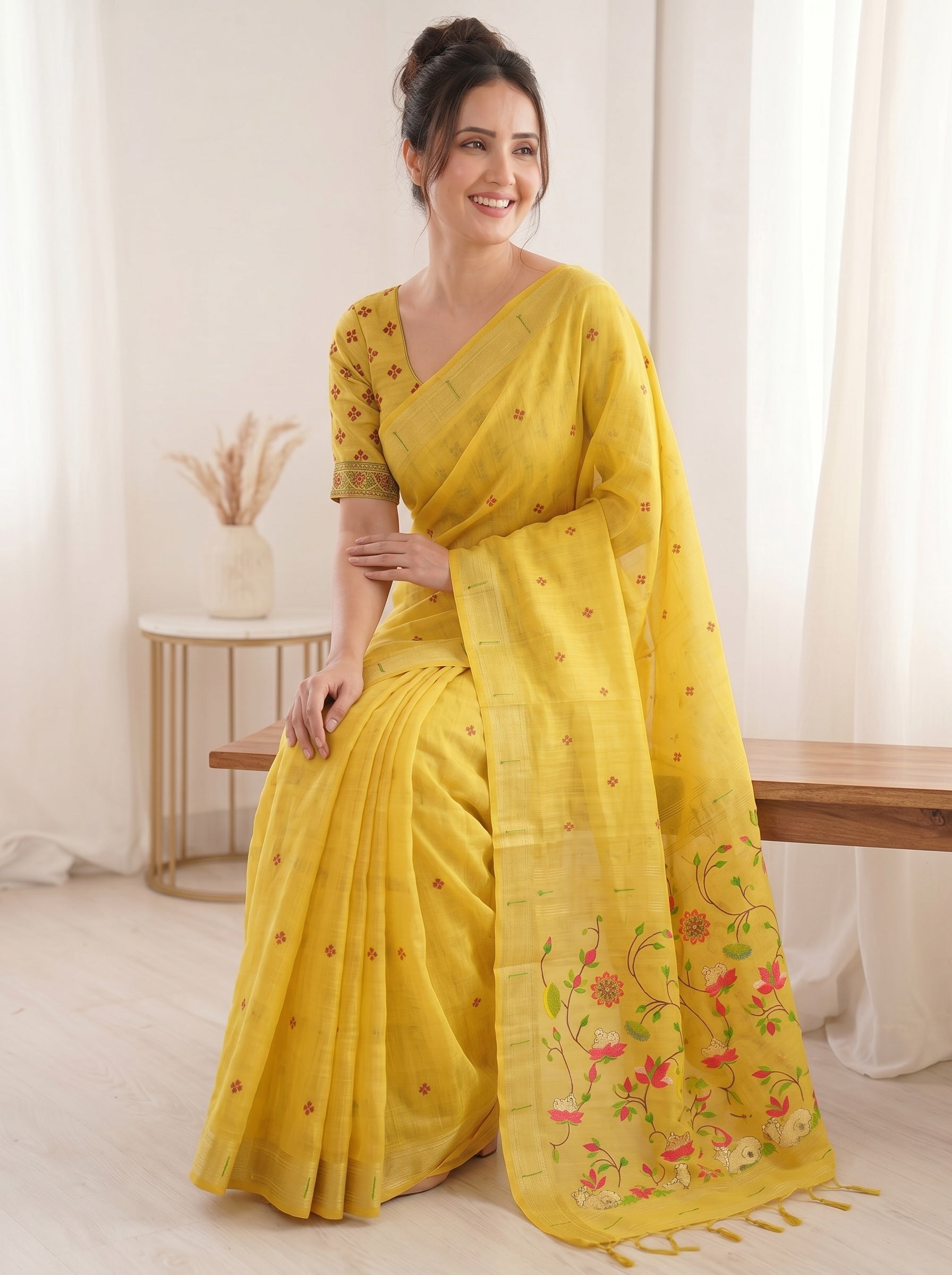 Yellow Soft Linen Cotton Paithani Saree with Meenakari Pichwai Lotus Pallu