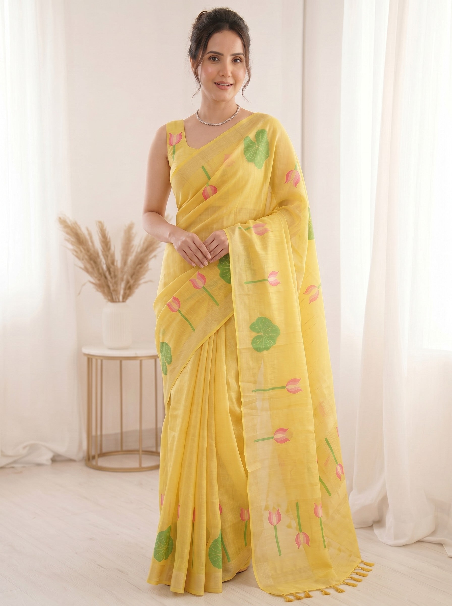 Yellow Premium Soft Linen Cotton with Lotus &amp; Leafs Pattern Saree
