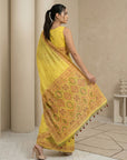 Yellow Soft Muga Cotton with Handblock Kalamakri Pattern Saree