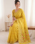 Yellow Soft Linen Cotton Paithani Saree with Meenakari Pichwai Lotus Pallu