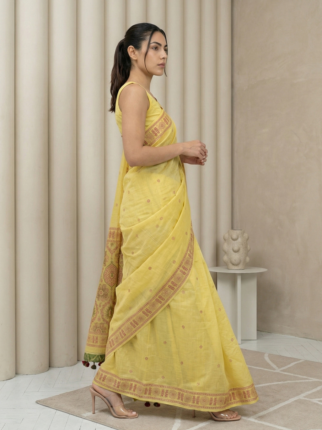 Yellow Soft Muga Cotton with Handblock Kalamakri Pattern Saree