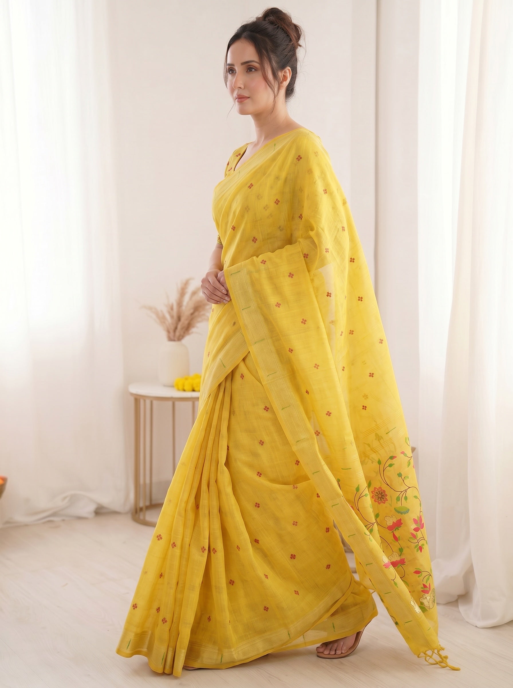 Yellow Soft Linen Cotton Paithani Saree with Meenakari Pichwai Lotus Pallu