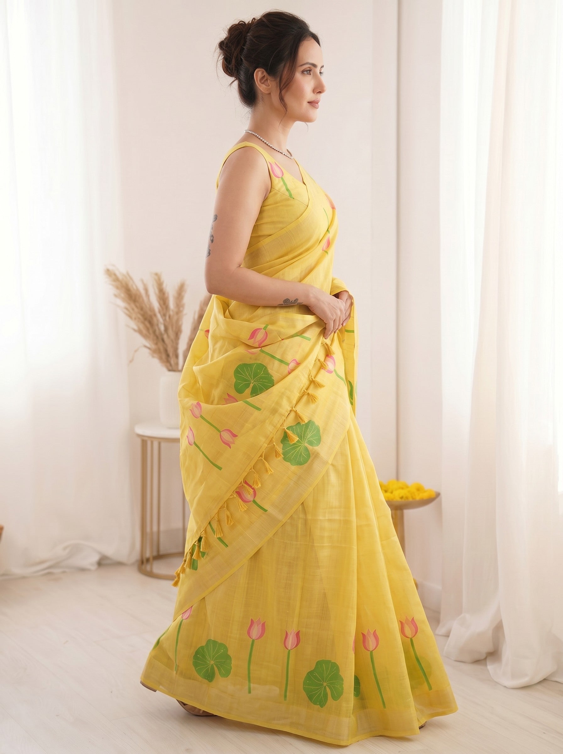 Yellow Premium Soft Linen Cotton with Lotus &amp; Leafs Pattern Saree