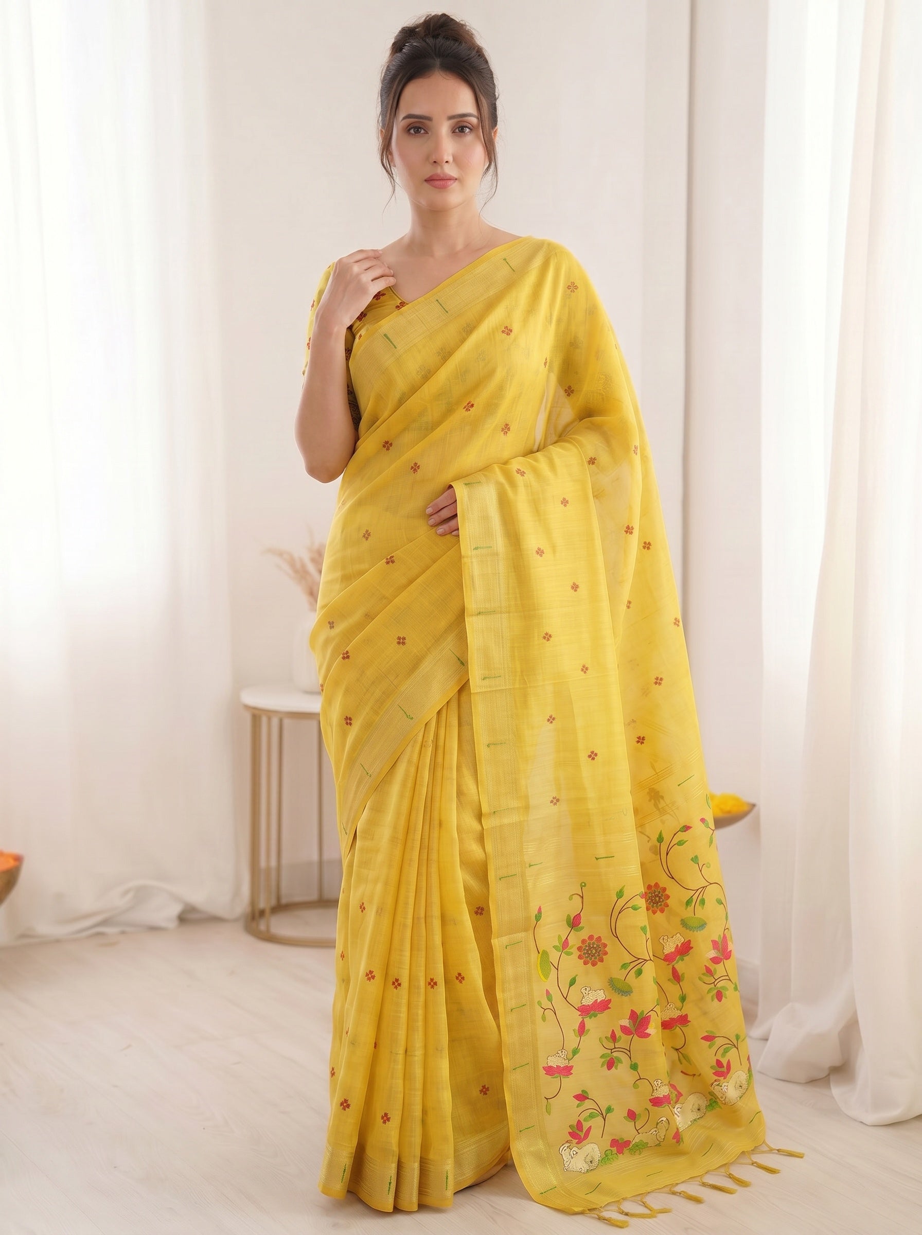 Yellow Soft Linen Cotton Paithani Saree with Meenakari Pichwai Lotus Pallu