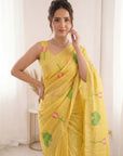 Yellow Premium Soft Linen Cotton with Lotus & Leafs Pattern Saree