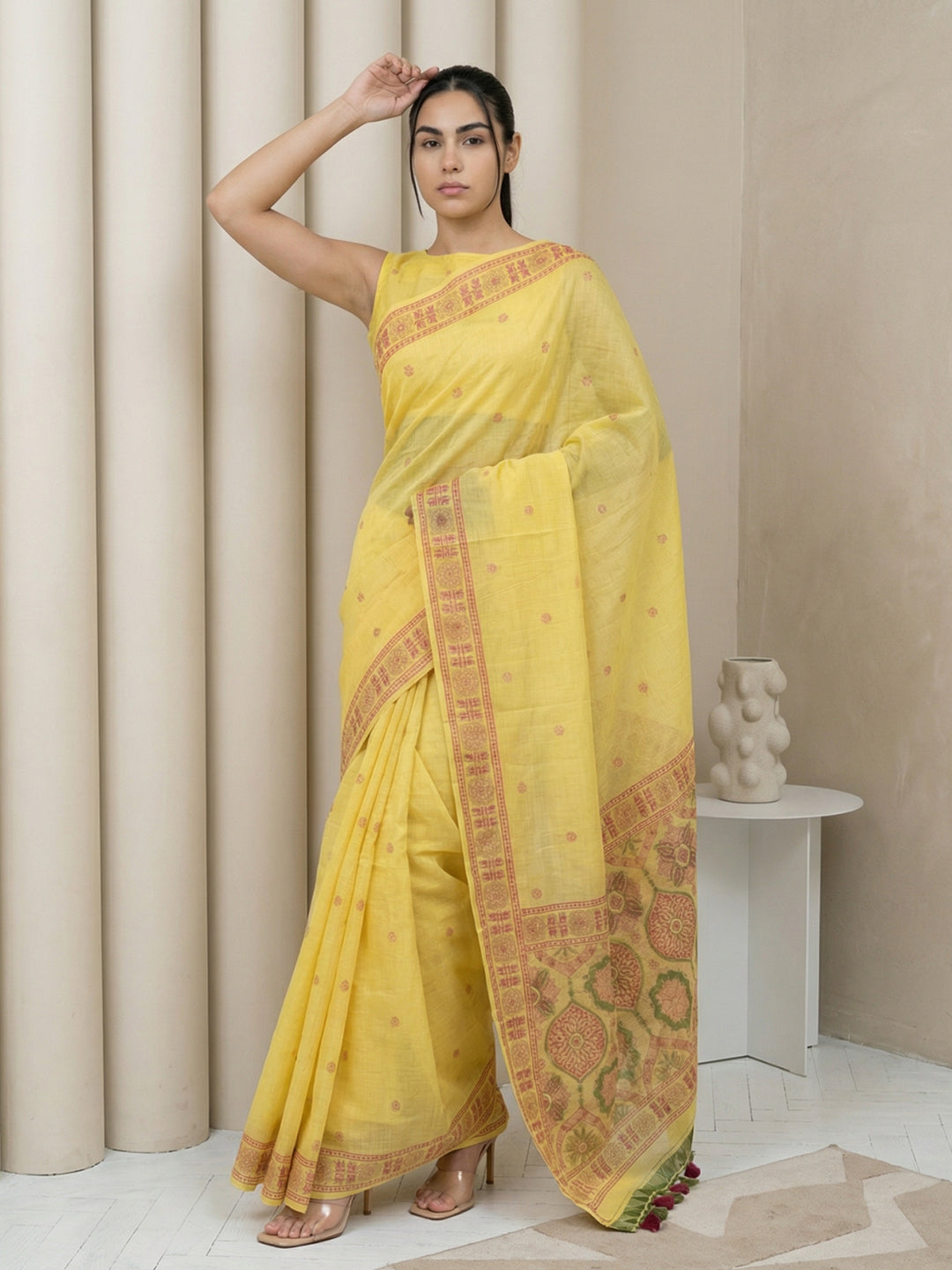 Yellow Soft Muga Cotton with Handblock Kalamakri Pattern Saree