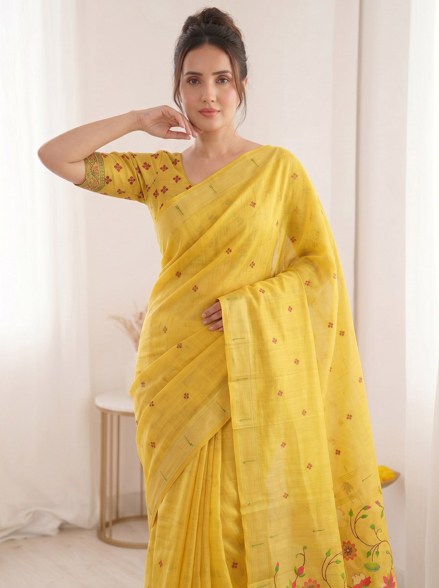 Yellow Soft Linen Cotton Paithani Saree with Meenakari Pichwai Lotus Pallu