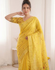 Yellow Soft Linen Cotton Paithani Saree with Meenakari Pichwai Lotus Pallu
