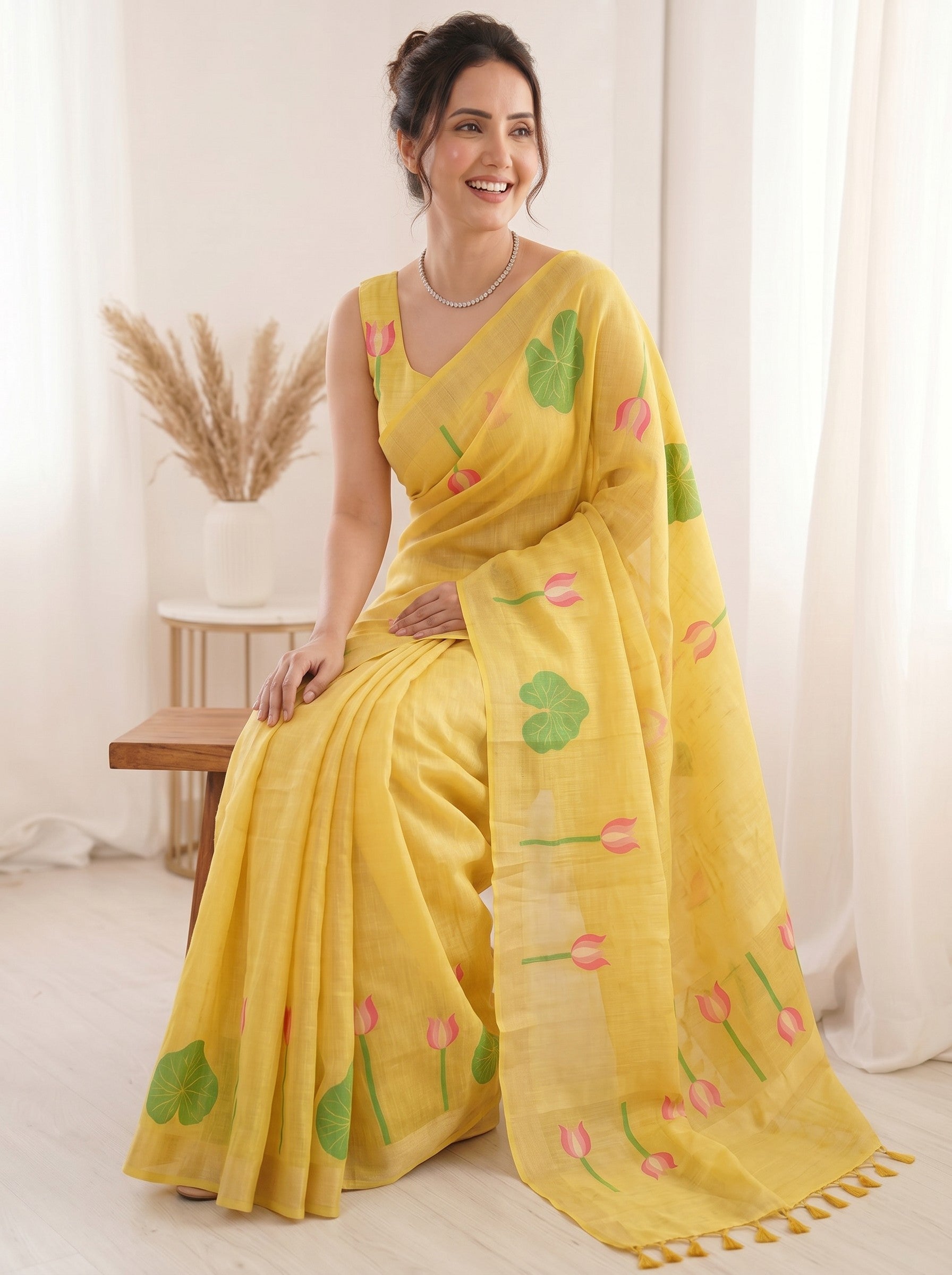 Yellow Premium Soft Linen Cotton with Lotus &amp; Leafs Pattern Saree