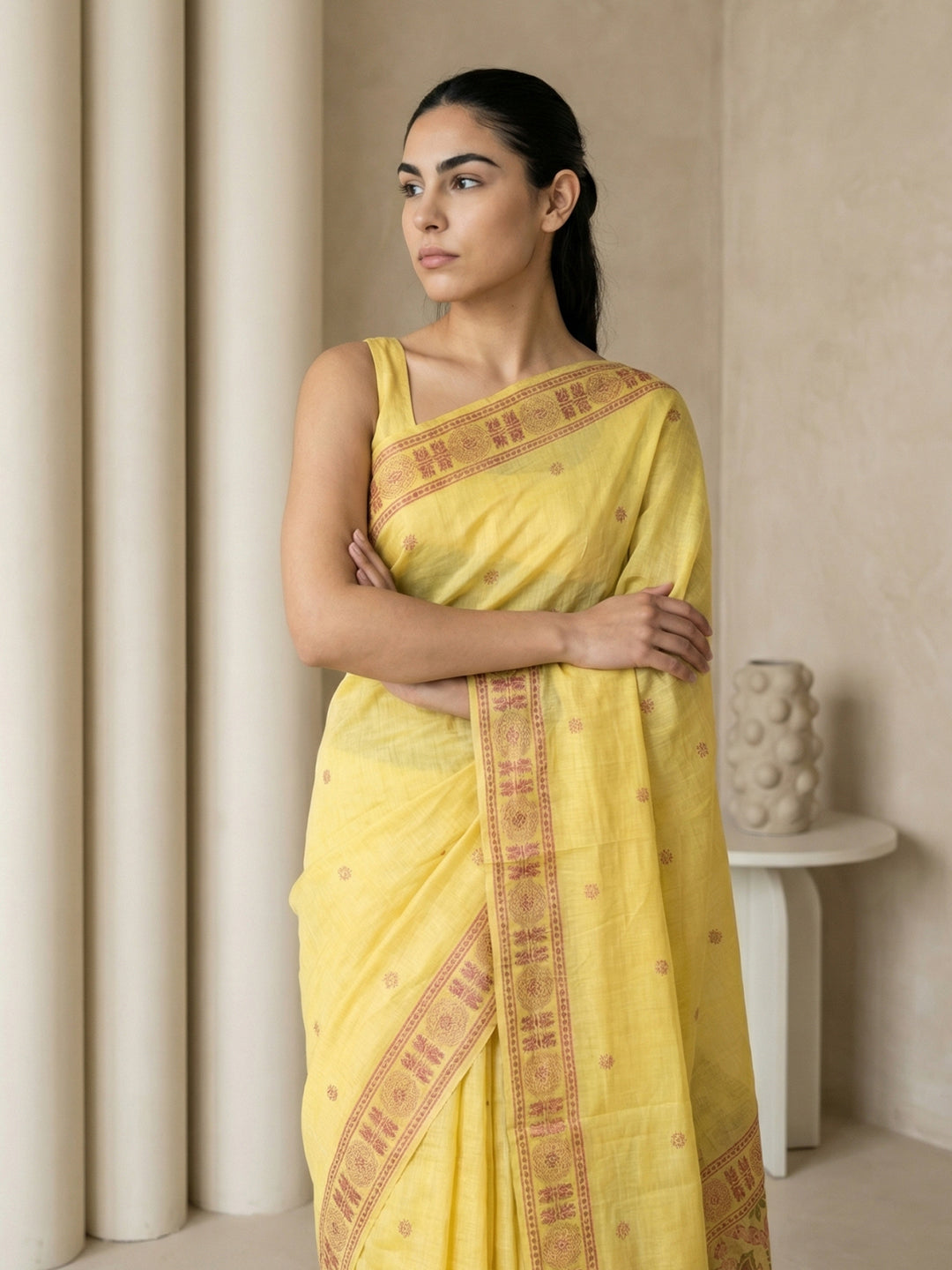 Yellow Soft Muga Cotton with Handblock Kalamakri Pattern Saree