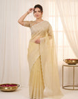 Yellow Crush Organza Silk Saree with Embroidery Stripe Pattern