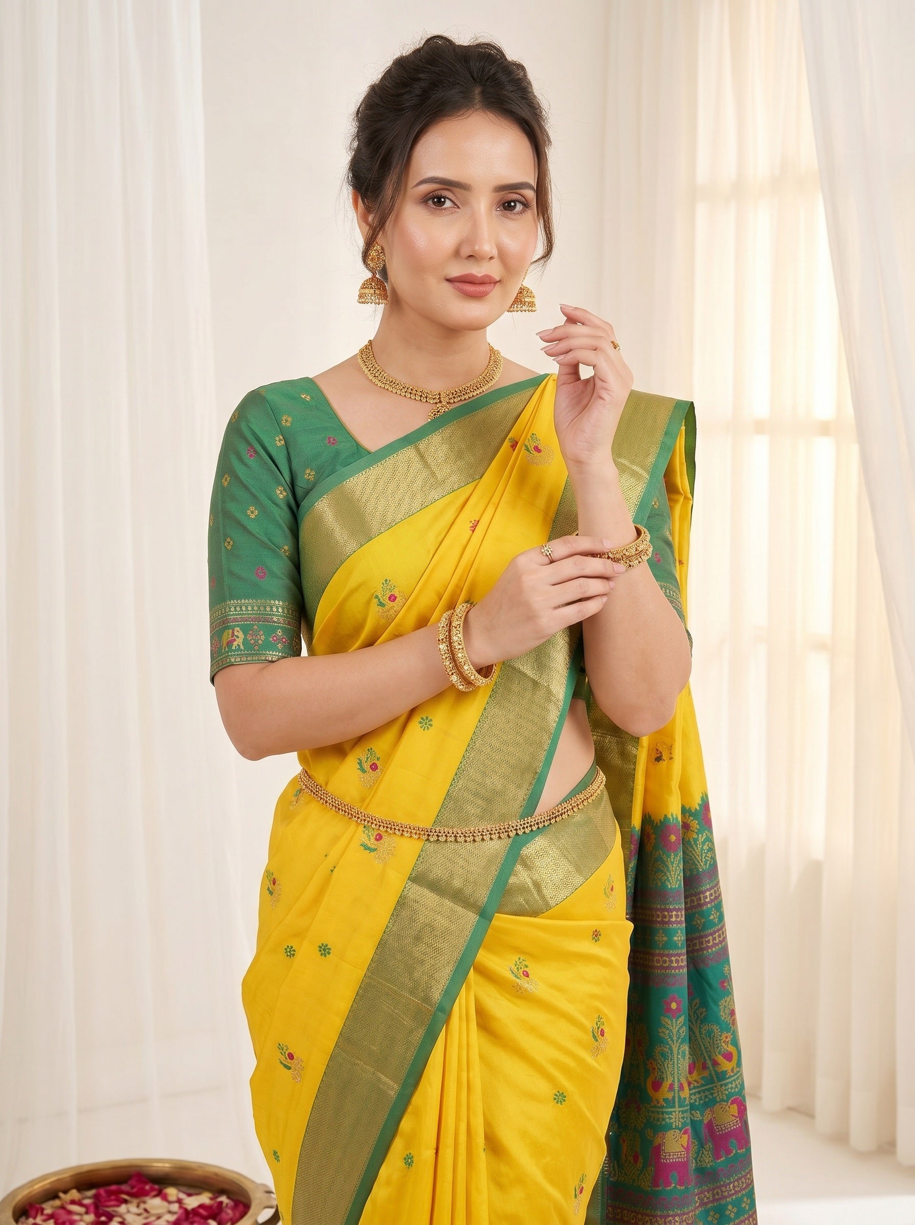 Yellow Traditional Soft Silk Saree with Floral &amp; Peacock Pattern Saree