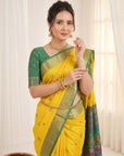 Yellow Traditional Soft Silk Saree with Floral & Peacock Pattern Saree