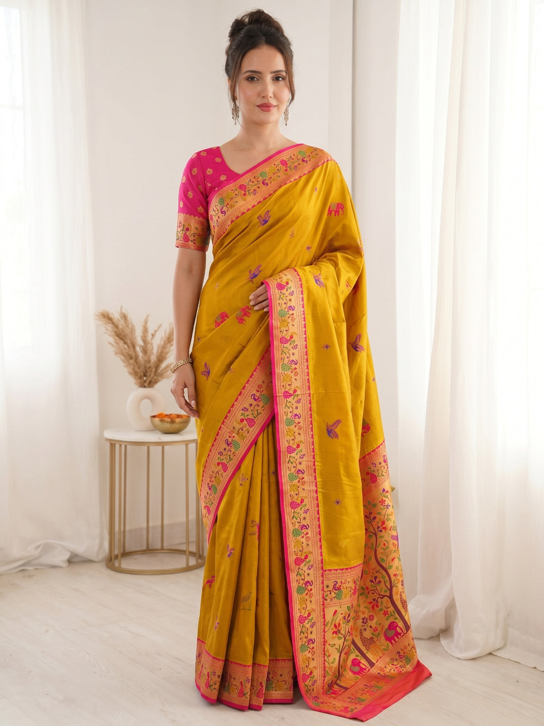 Yellow Premium Soft Bamboo Tissue Paithani Silk Saree