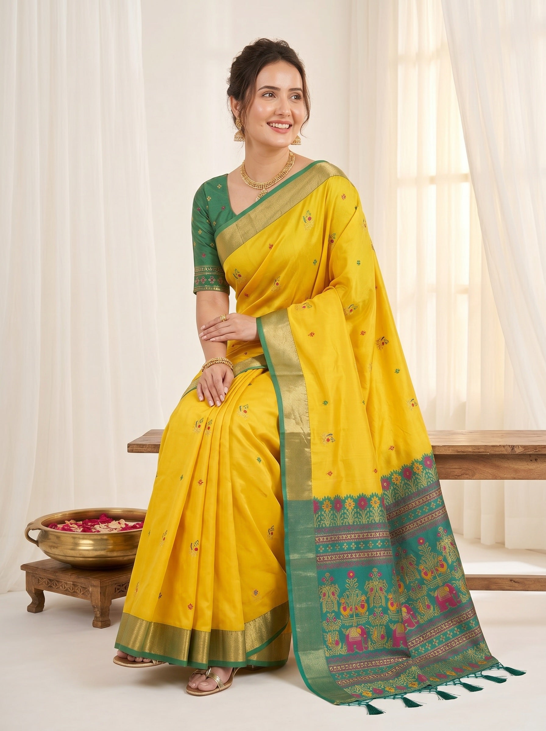 Yellow Traditional Soft Silk Saree with Floral &amp; Peacock Pattern Saree