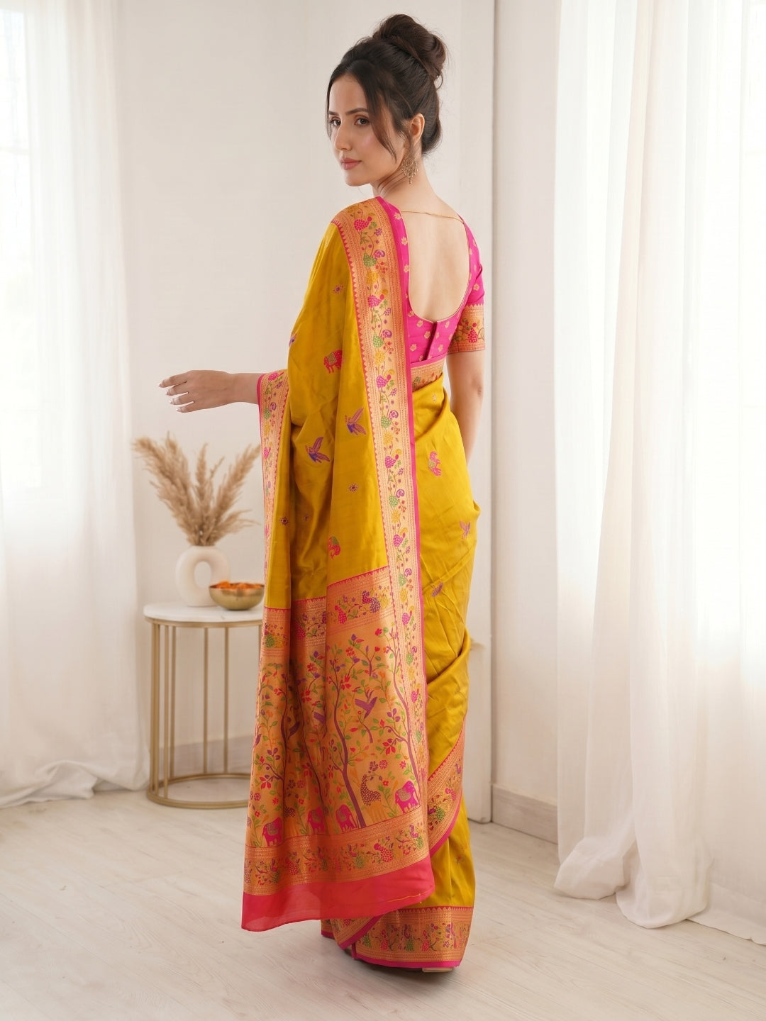 Yellow Premium Soft Bamboo Tissue Paithani Silk Saree