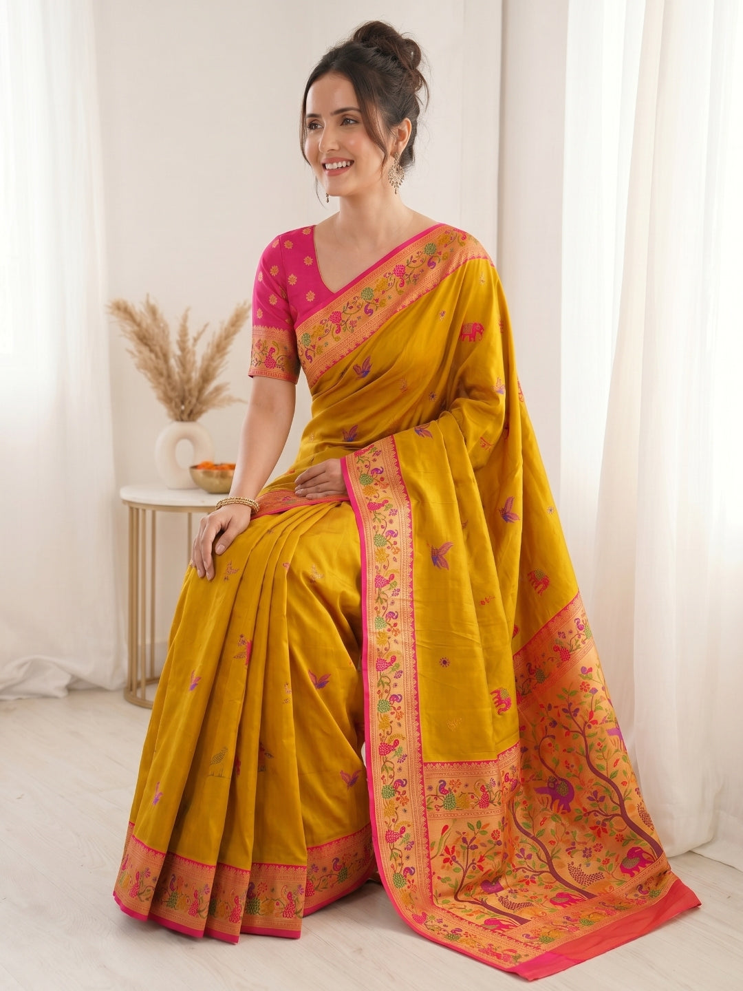 Yellow Premium Soft Bamboo Tissue Paithani Silk Saree