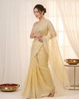 Yellow Crush Organza Silk Saree with Embroidery Stripe Pattern