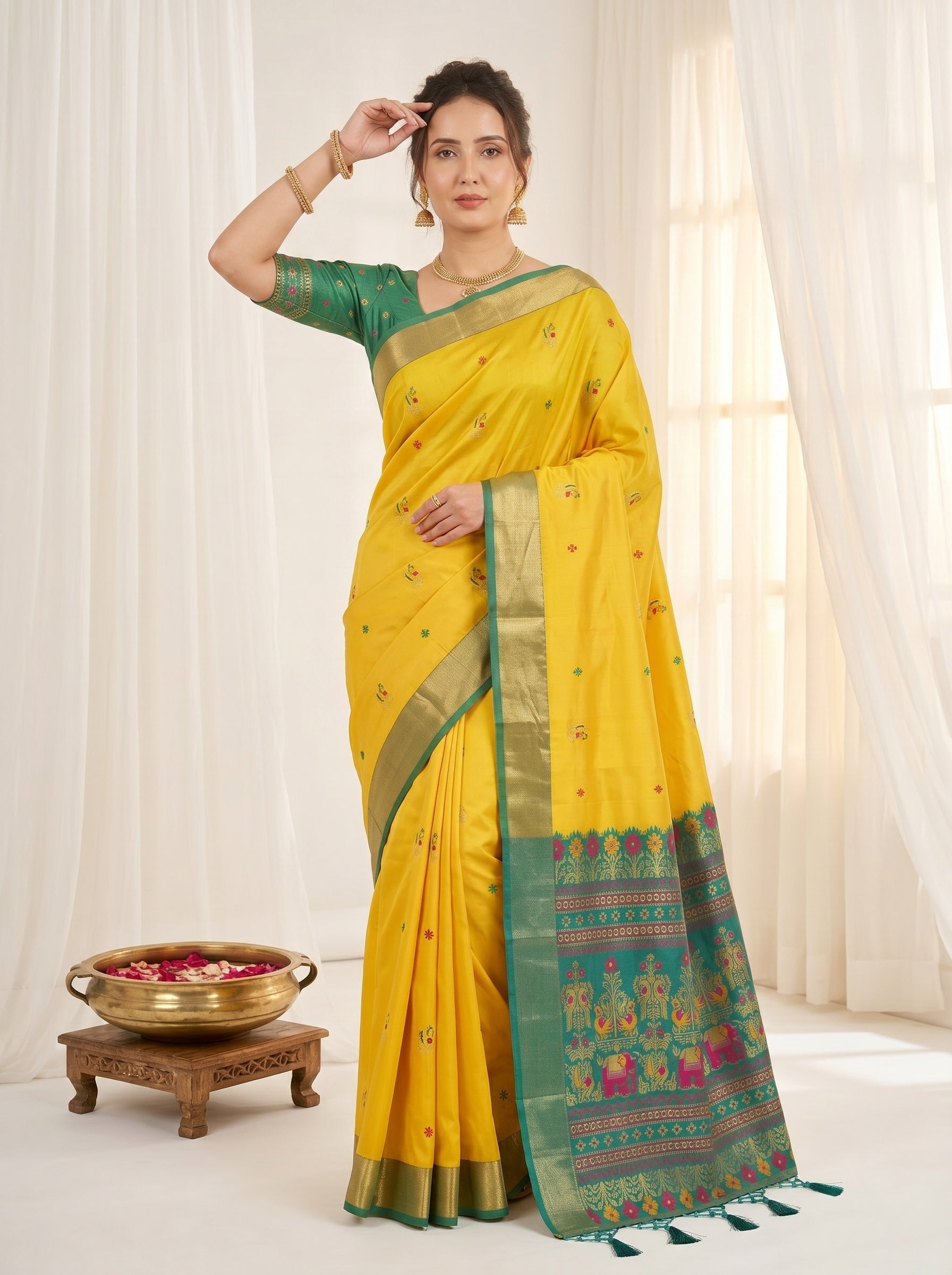 Yellow Traditional Soft Silk Saree with Floral &amp; Peacock Pattern Saree