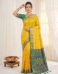 Yellow Traditional Soft Silk Saree with Floral & Peacock Pattern Saree