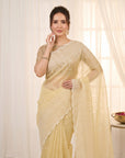 Yellow Crush Organza Silk Saree with Embroidery Stripe Pattern